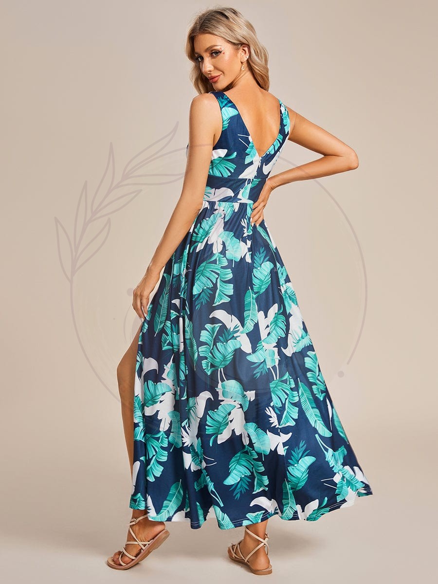 Robe de soirée mi-longue d’été à fleurs sans manches à fente haute – Image 4