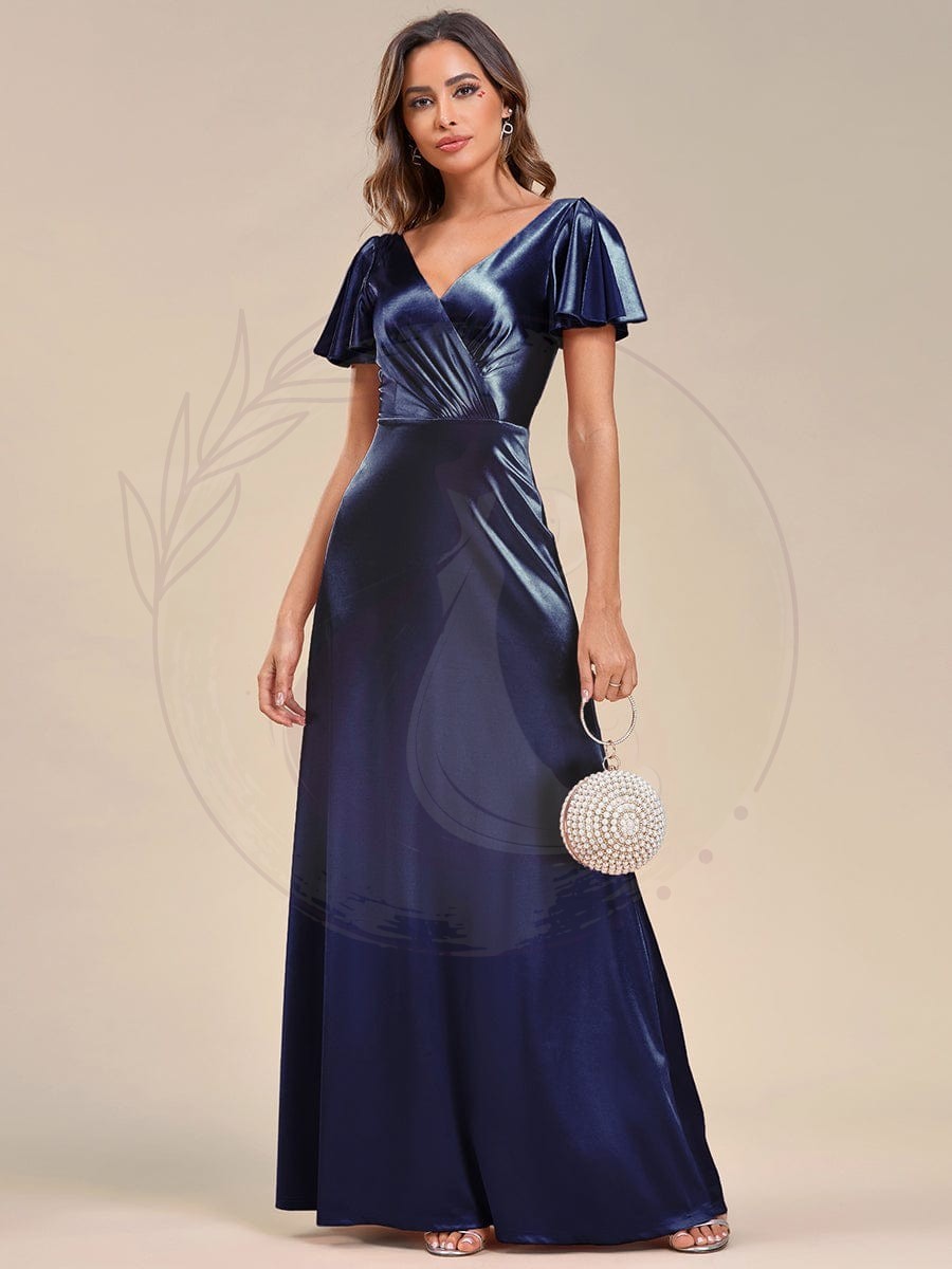 Robe de soirée en satin à manches volantées et col en V – Image 2