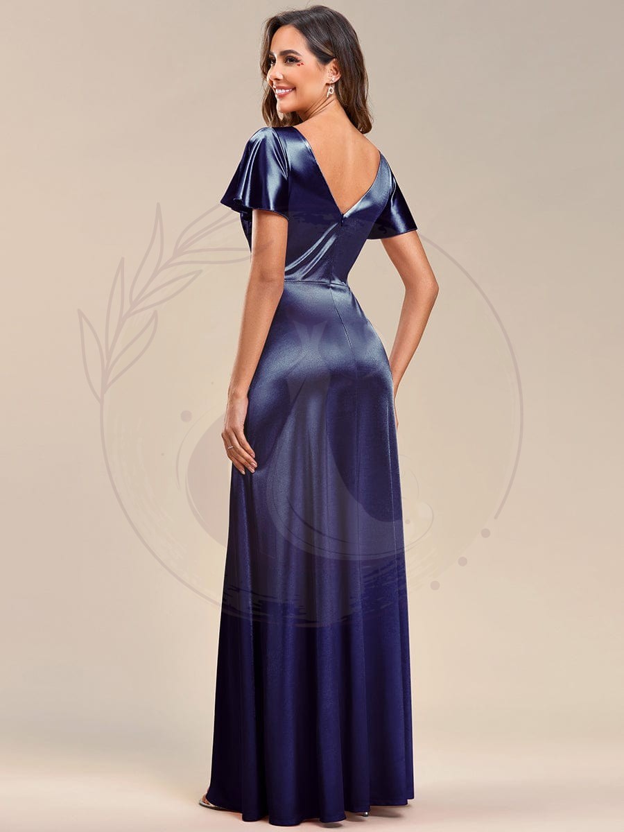 Robe de soirée en satin à manches volantées et col en V – Image 4