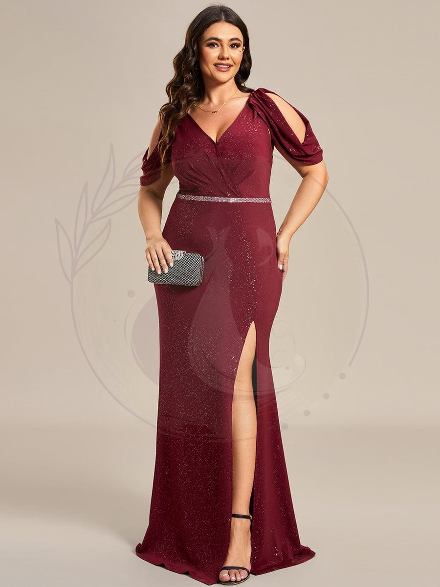 Robe de Soirée Scintillante avec Ceinture Brillante à Epaule Dénudée de Grande Taille – Image 5