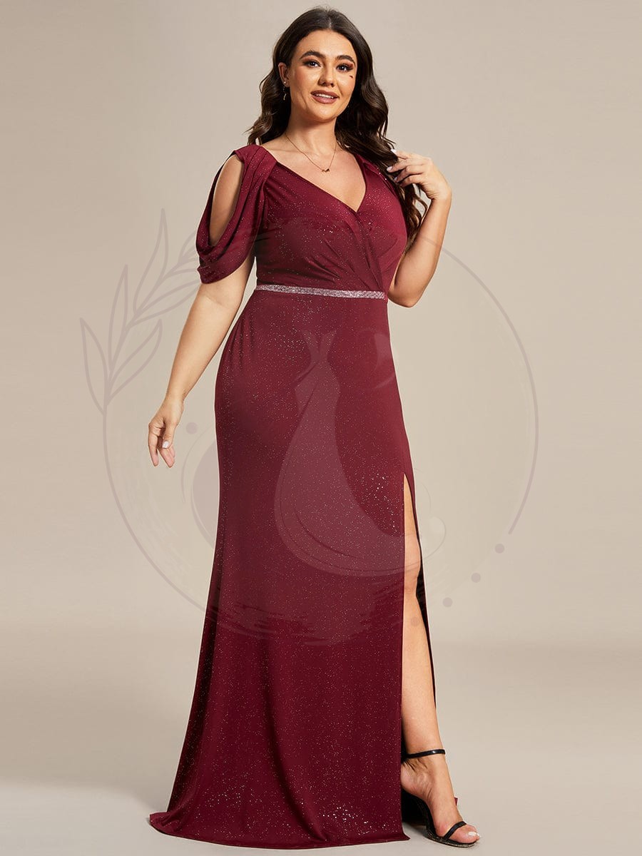 Robe de Soirée Scintillante avec Ceinture Brillante à Epaule Dénudée de Grande Taille – Image 9