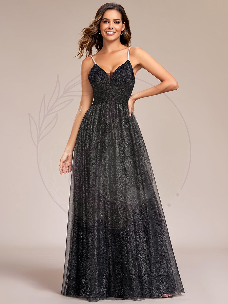 Robe de soirée scintillante sans manches bretelles spaghetti col en V dos ouvert – Image 4