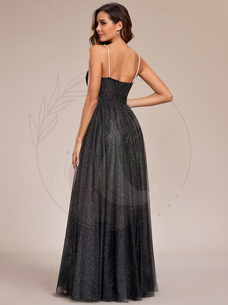 Robe de soirée scintillante sans manches bretelles spaghetti col en V dos ouvert – Image 3