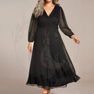 Grande taille Robe de soirée trapèze scintillante à manches longues et col en V en mousseline de soie avec n?ud torsadé