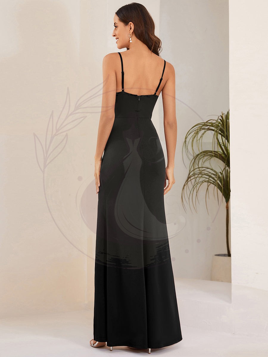 Robe de soirée élégante plissée dos nu à fente haute et bretelles spaghetti – Image 3