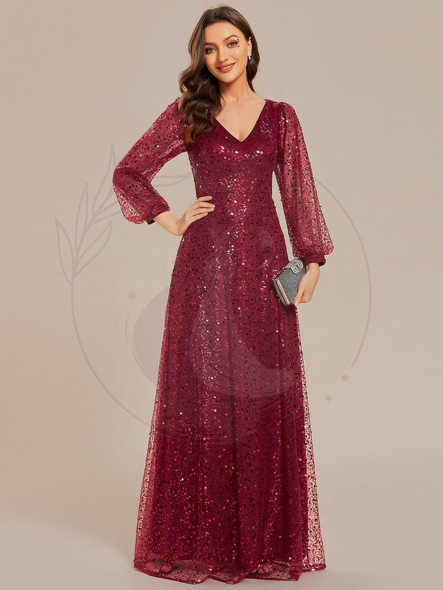 Robe de soirée trapèze à paillettes col en V manches longues et paillettes – Image 2