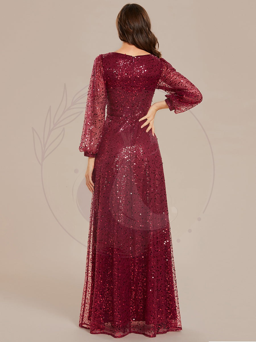 Robe de soirée trapèze à paillettes col en V manches longues et paillettes – Image 4