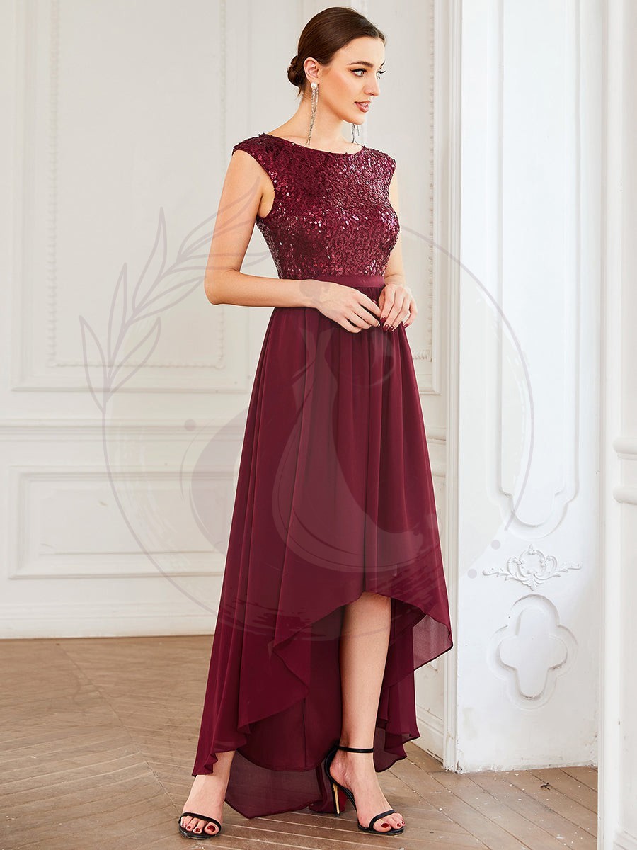 Robe de soirée en mousseline de soie à taille haute et basse avec ruban à sequins sans manches – Image 5