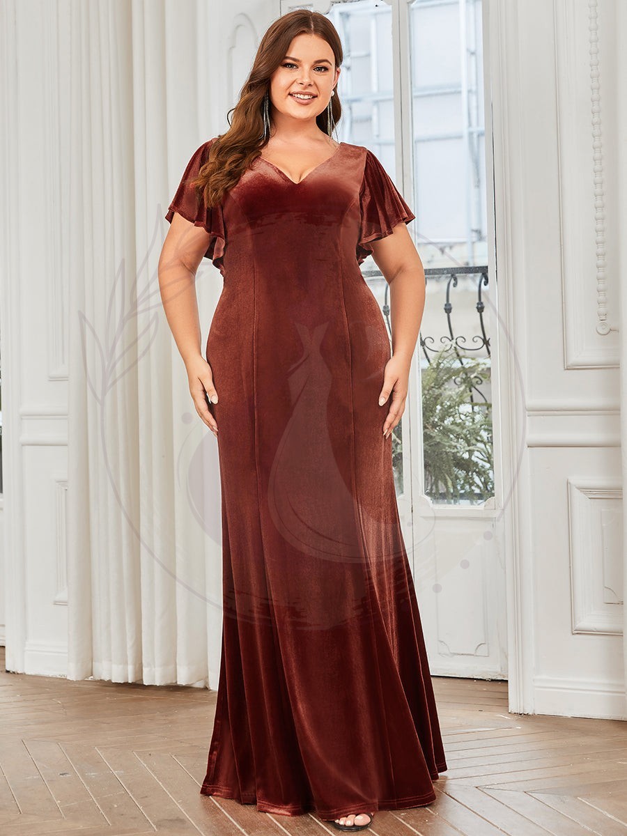 Robe de soirée moulante en velours à manches volantées et longueur au sol Grande taille – Image 3