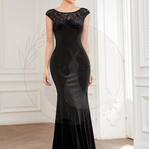 Robe de soirée moulante en velours avec haut en dentelle contrastante