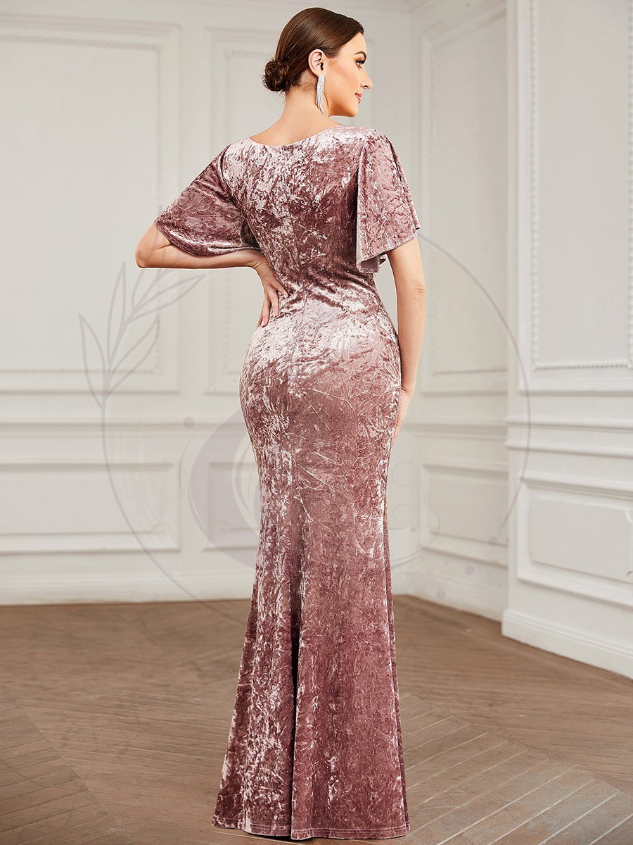 Robe de soirée moulante Sirène à manches courtes en velours – Image 3