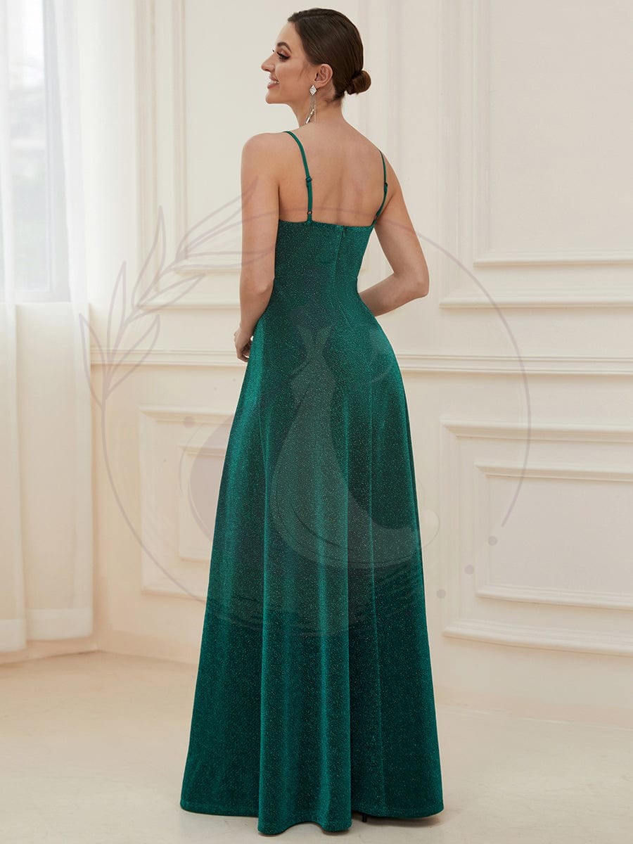Robe de Bal longue col en V et bretelles fines scintillantes – Image 9