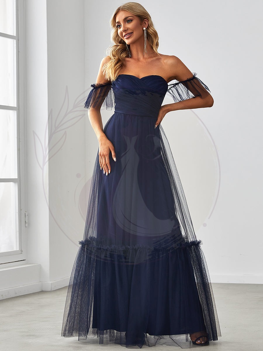 Robe de soirée en tulle plissée à épaules dénudées – Image 6