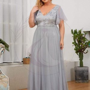 Robe de soirée à manches flottantes et à col en V de grande taille