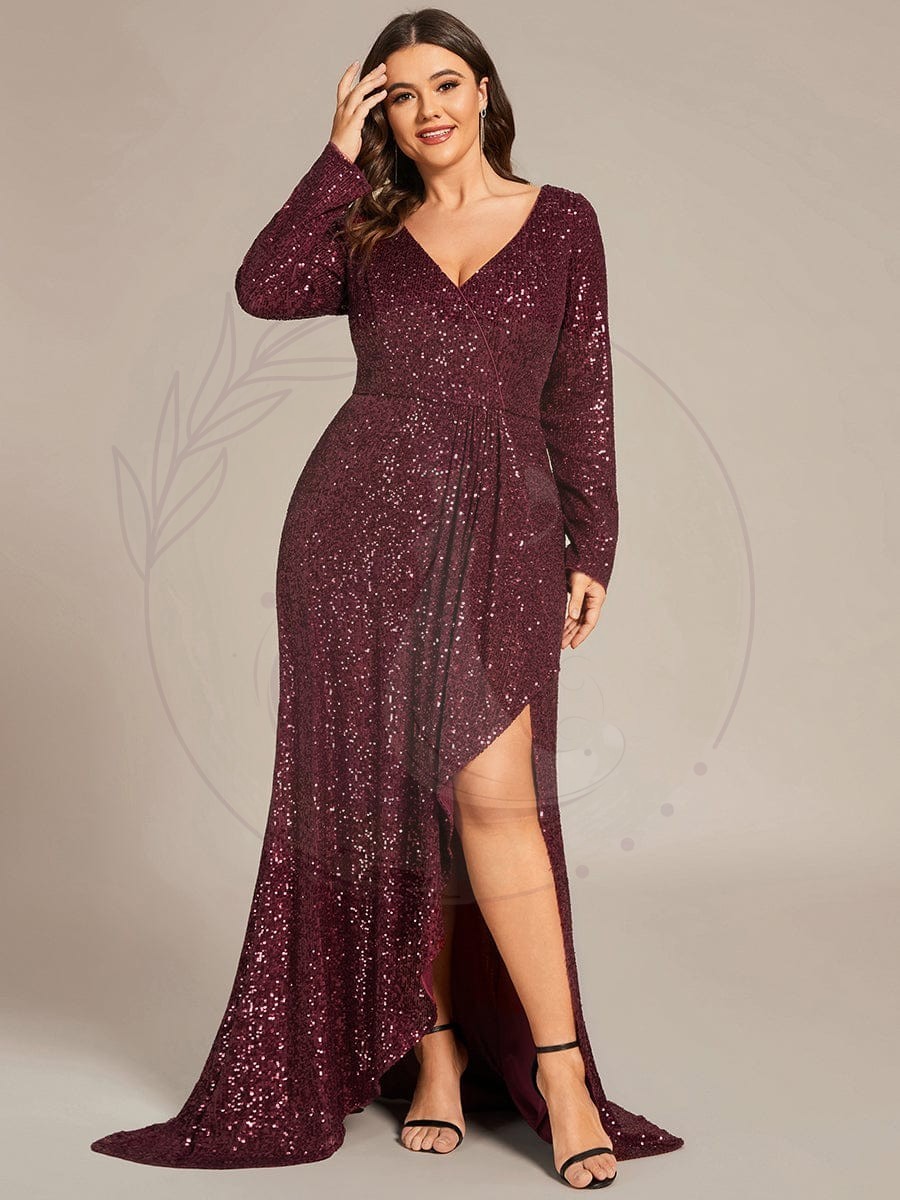 Robe de soirée manches longues col en V à sequins ourlet asymétrique – Image 9