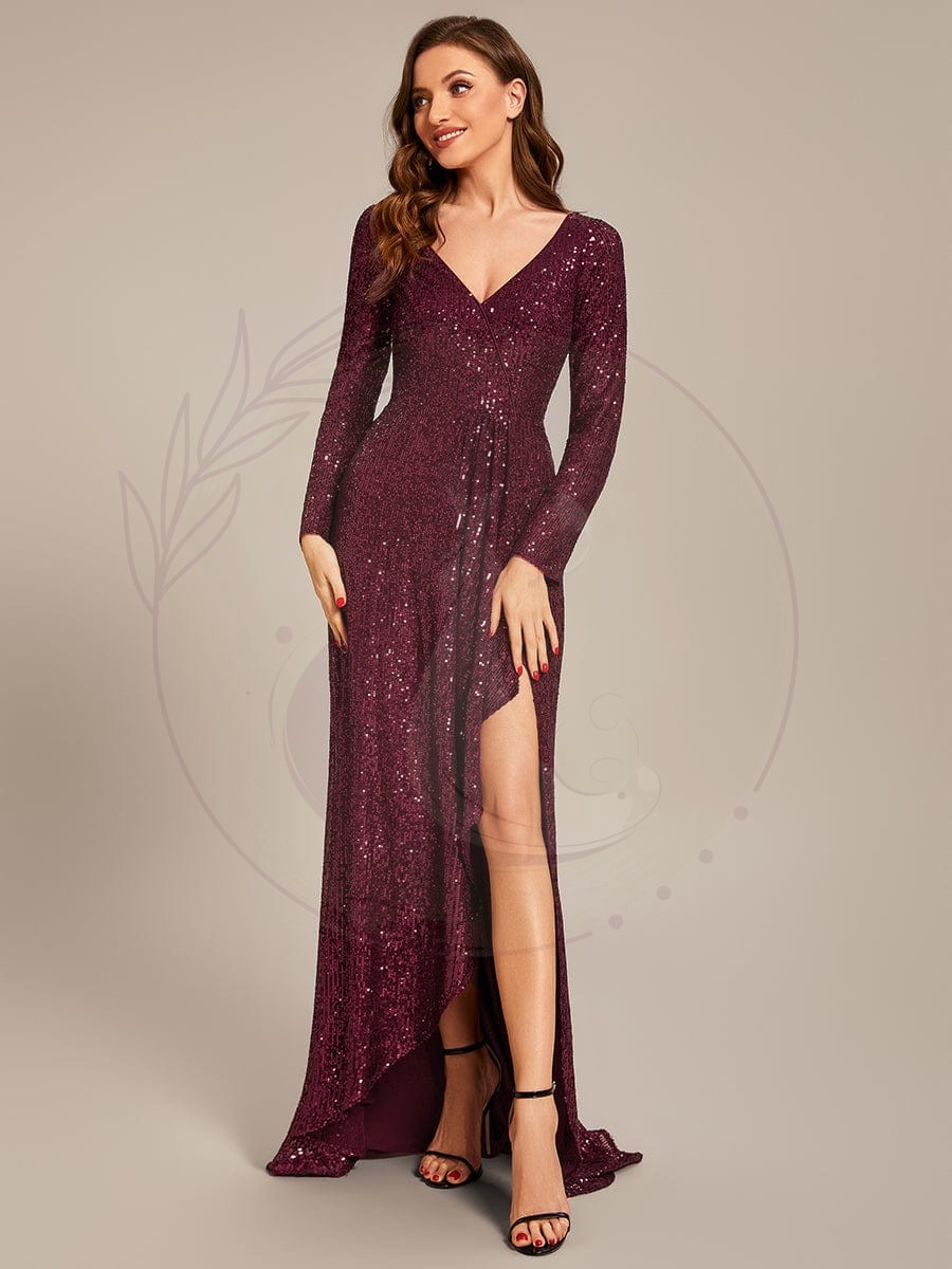 Robe de soirée manches longues col en V à sequins ourlet asymétrique – Image 2
