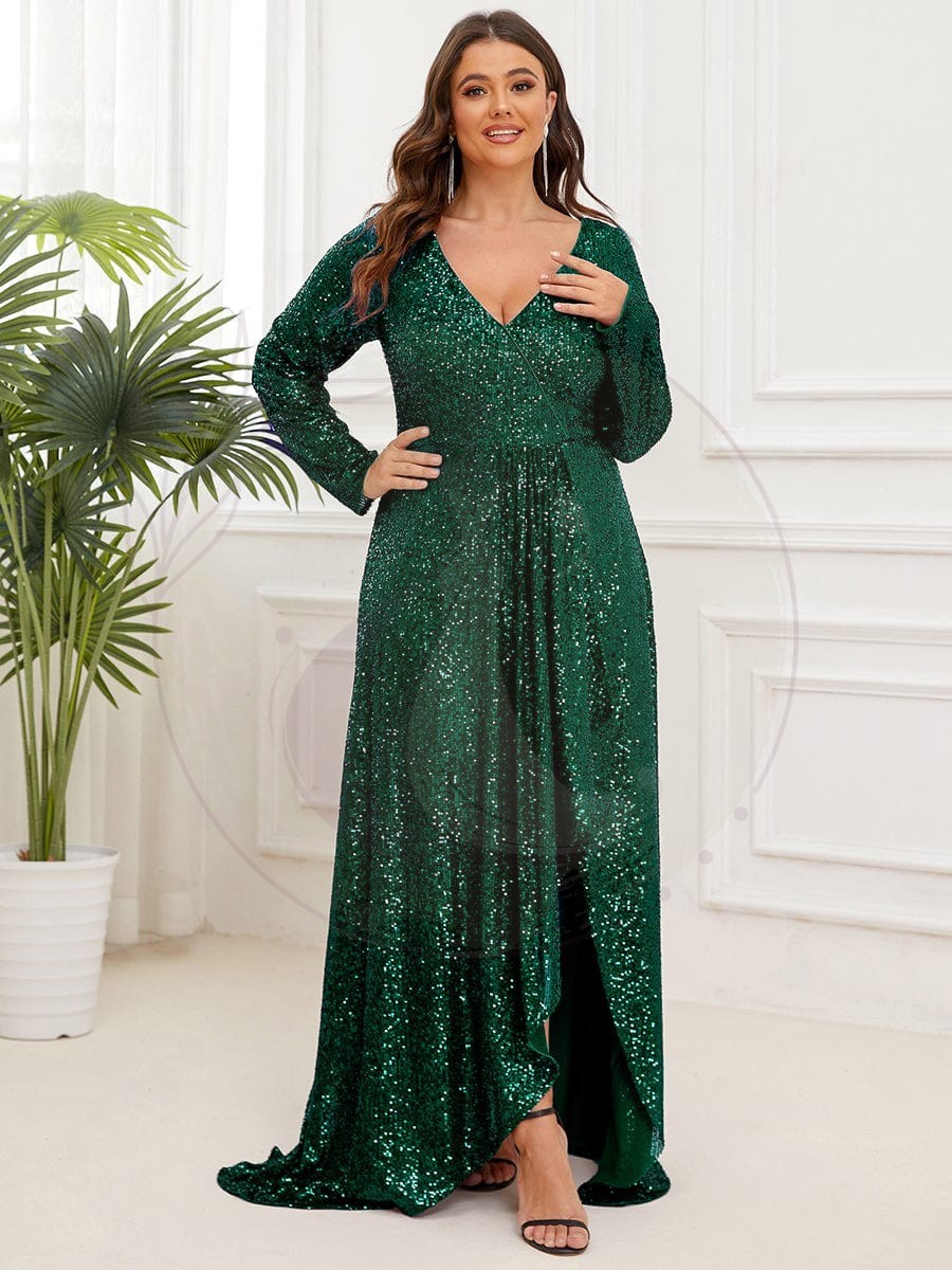 Robe de soirée manches longues col en V à sequins ourlet asymétrique – Image 4