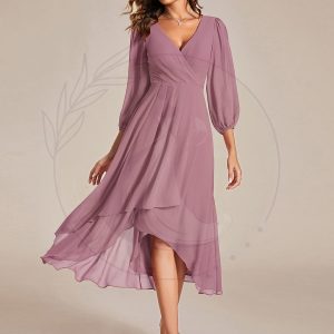 Robe invité de mariage mi-longue manches longues ourlet asymétrique