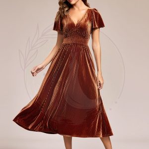 Robe d’invité de mariage mi-longue en velours d’automne à manches courtes et col en V gracieux