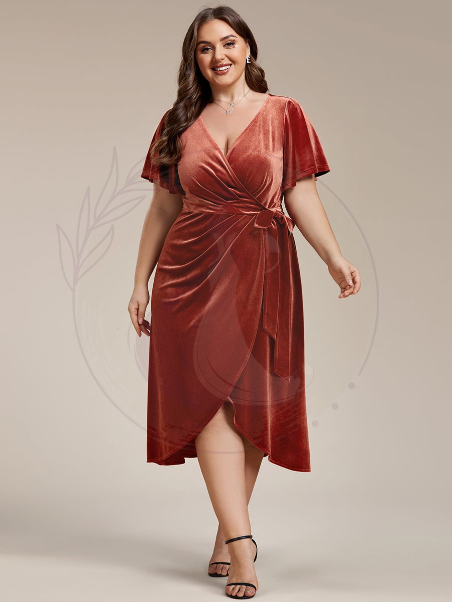 Grande taille Robe d’invité de mariage mi-longue en velours type une pièce manches courtes col en V – Image 4