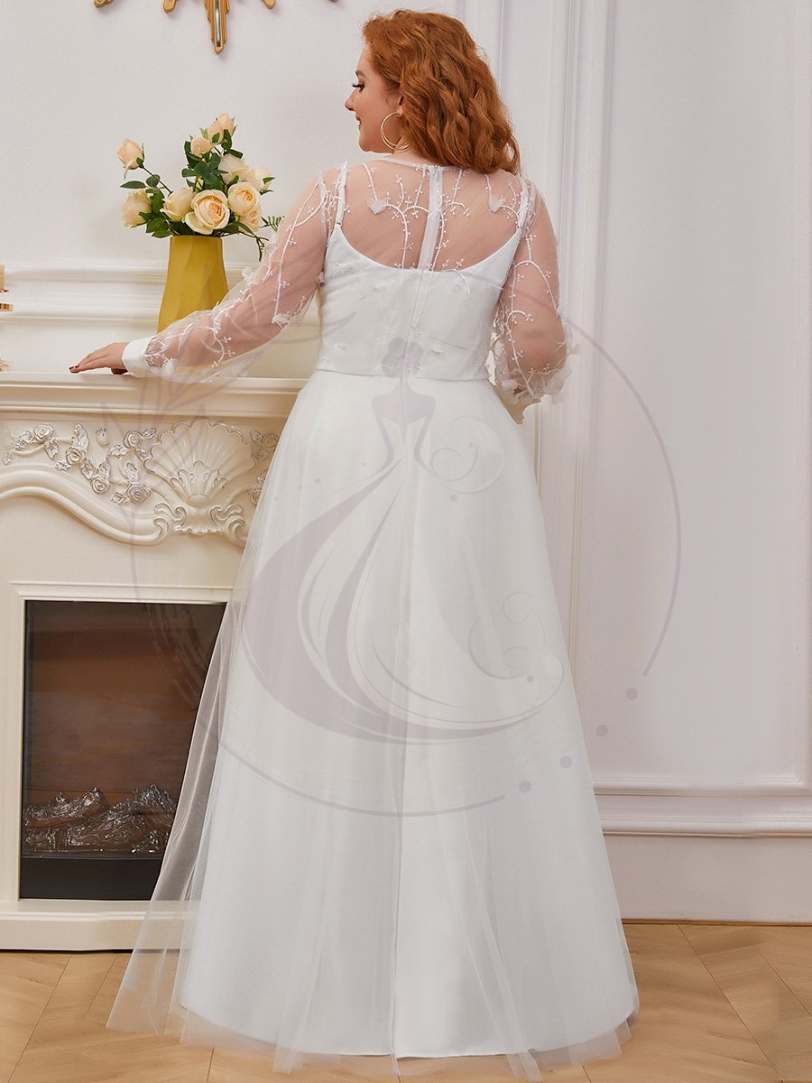 Robe de mariée trapèze en tulle grande taille à manches longues – Image 4