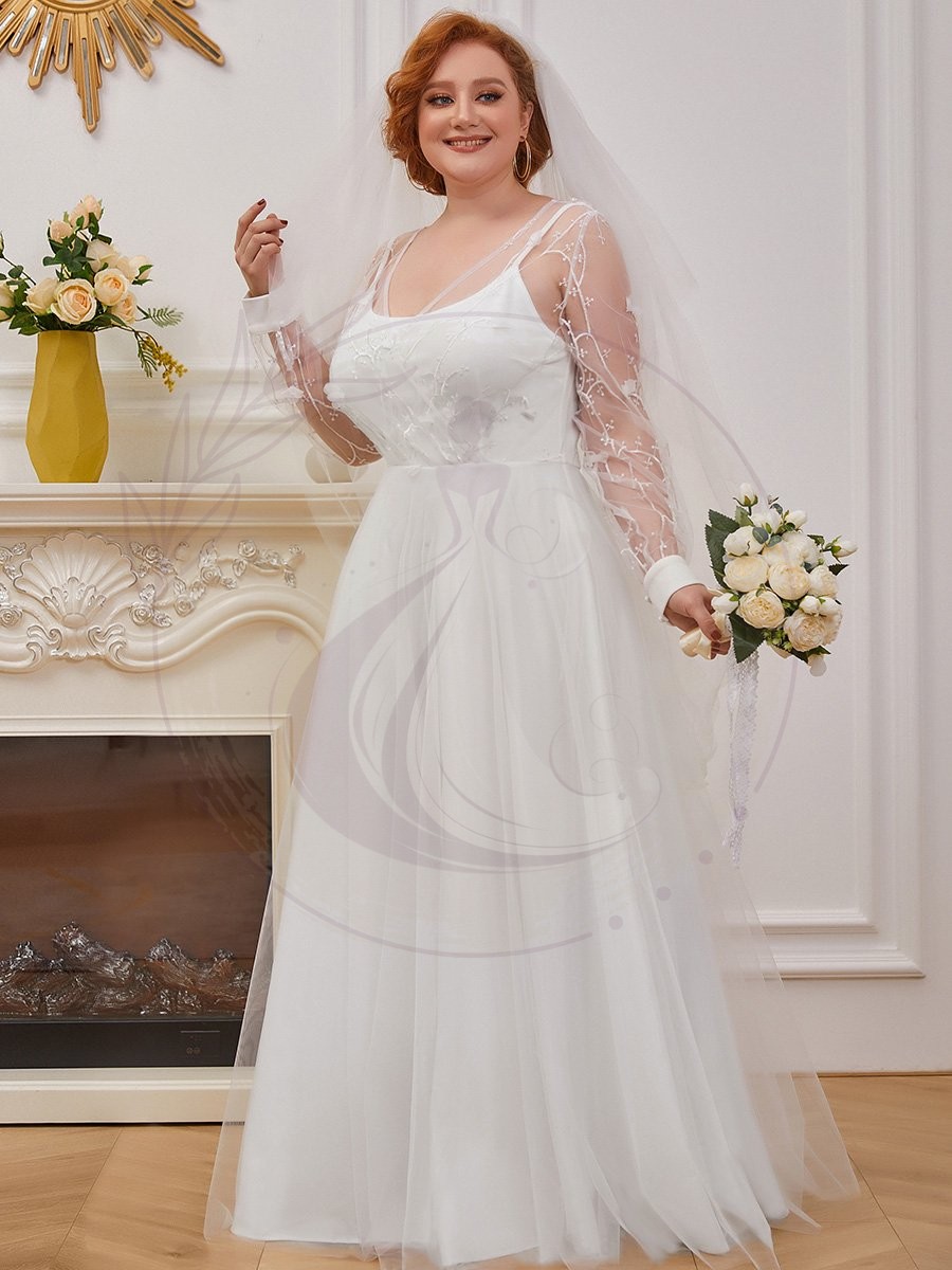 Robe de mariée trapèze en tulle grande taille à manches longues