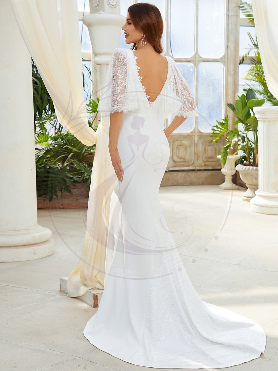 Robe de mariée sirène en dentelle à manches cloche et V profond – Image 3