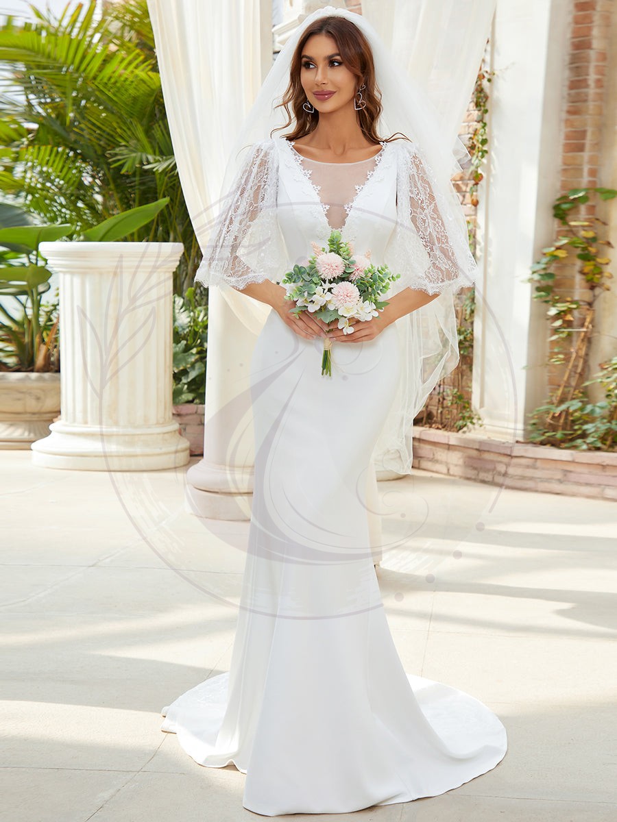 Robe de mariée sirène en dentelle à manches cloche et V profond