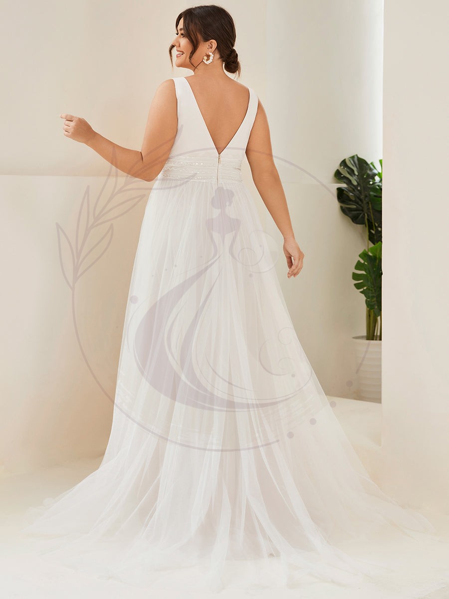 Robe de mariée longue sans manches V profond Grande taille – Image 3