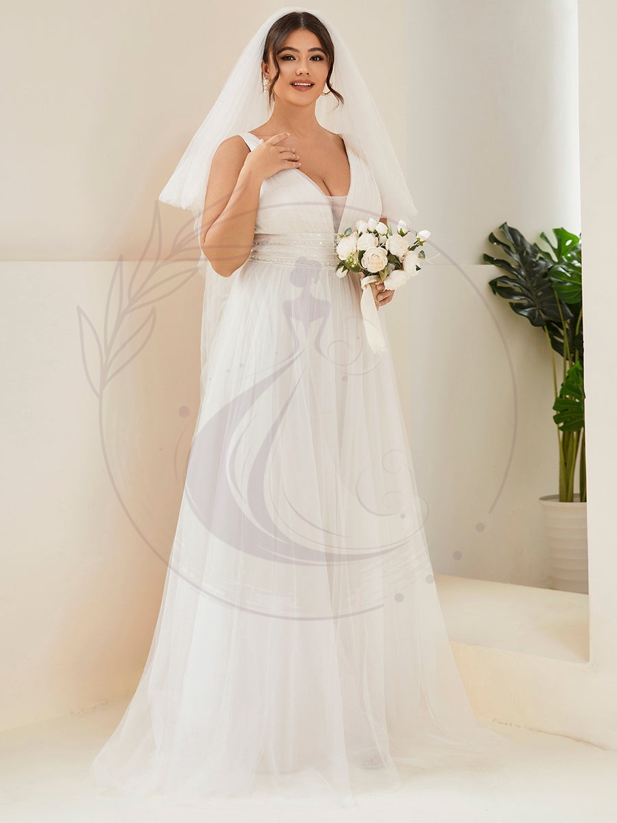 Robe de mariée longue sans manches V profond Grande taille – Image 4