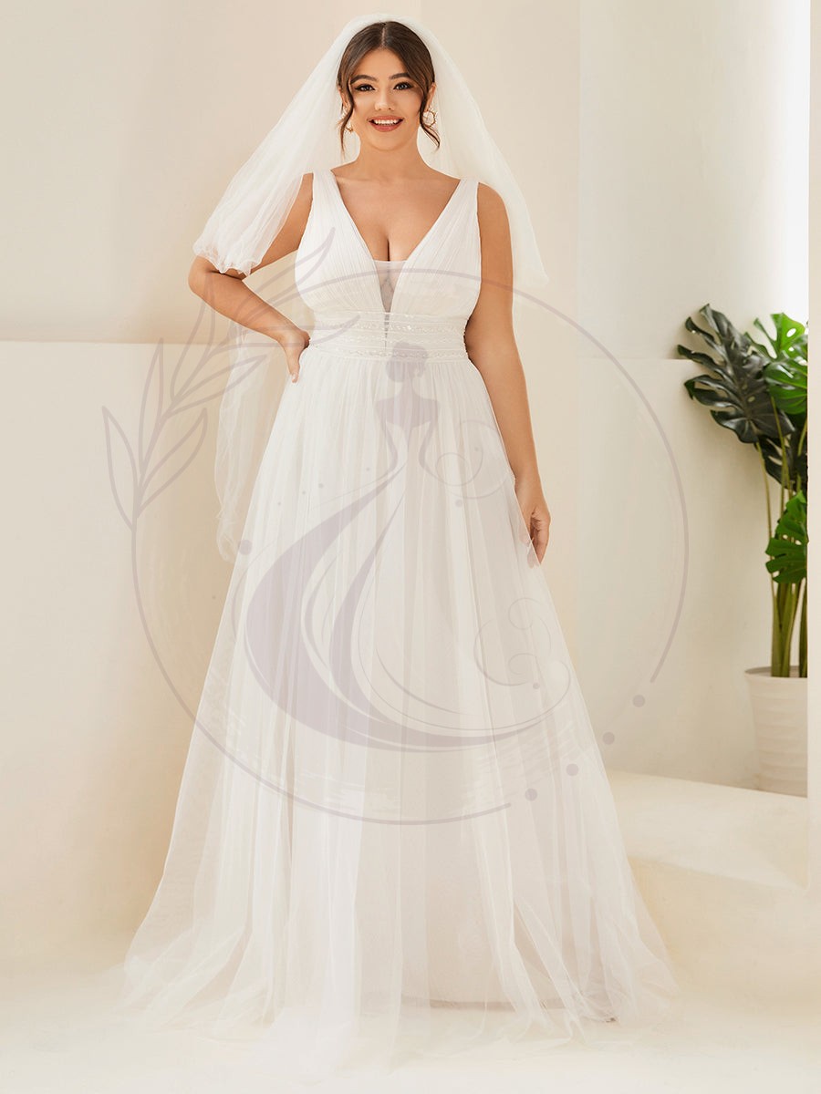 Robe de mariée longue sans manches V profond Grande taille