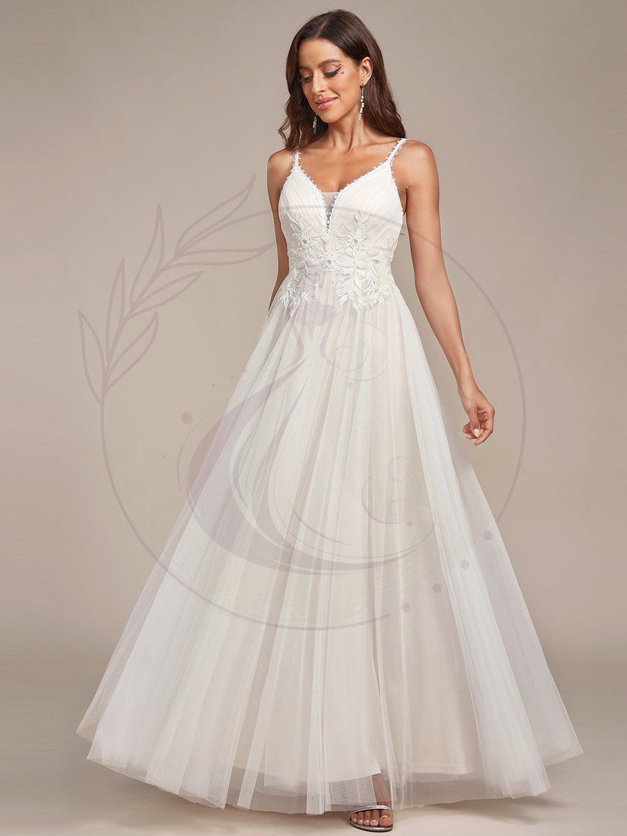 Robe de mariée A-ligne à encolure en V brodée à bretelles spaghetti – Image 4