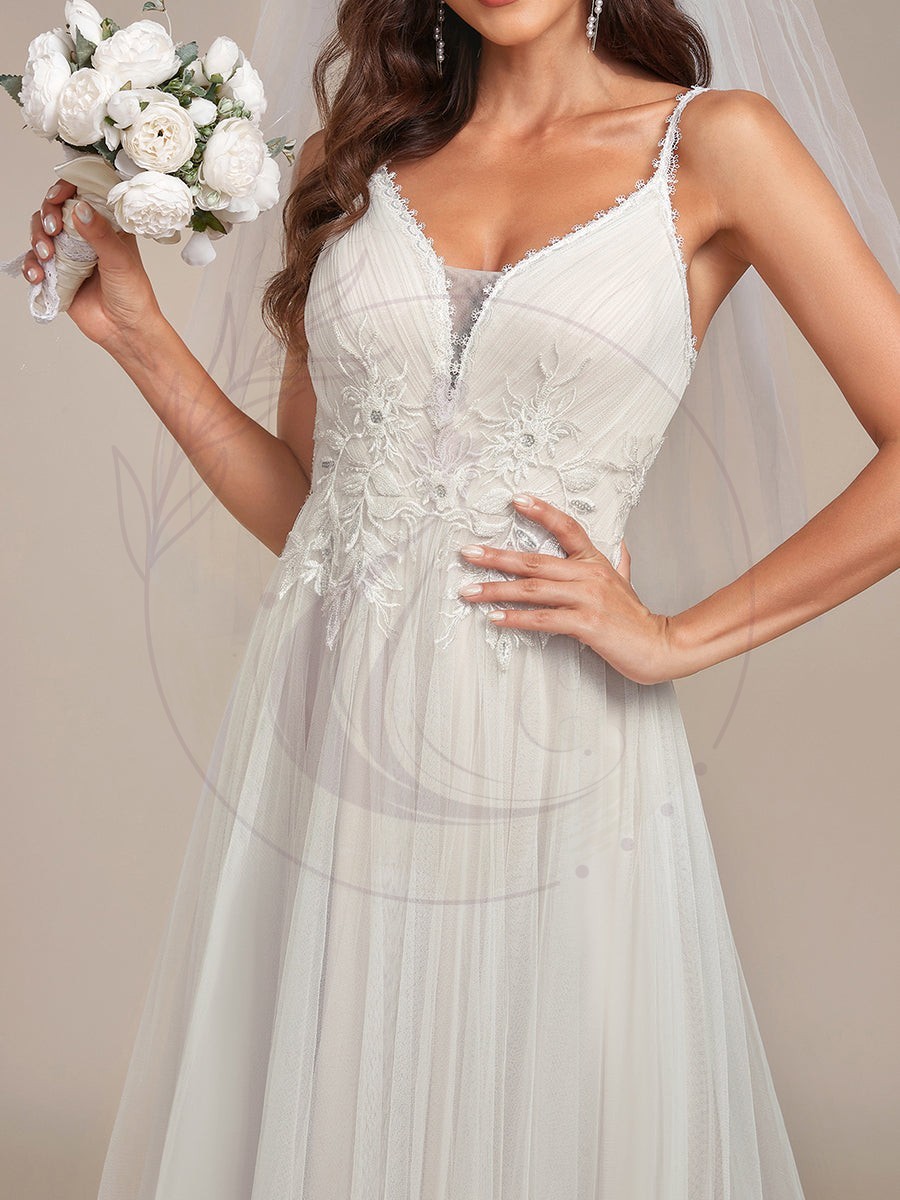 Robe de mariée A-ligne à encolure en V brodée à bretelles spaghetti – Image 6
