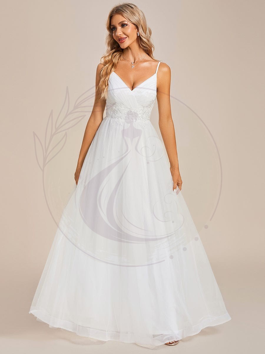 Robe de mariée Bretelles fines col en V taille appliques en tulle A-ligne – Image 5