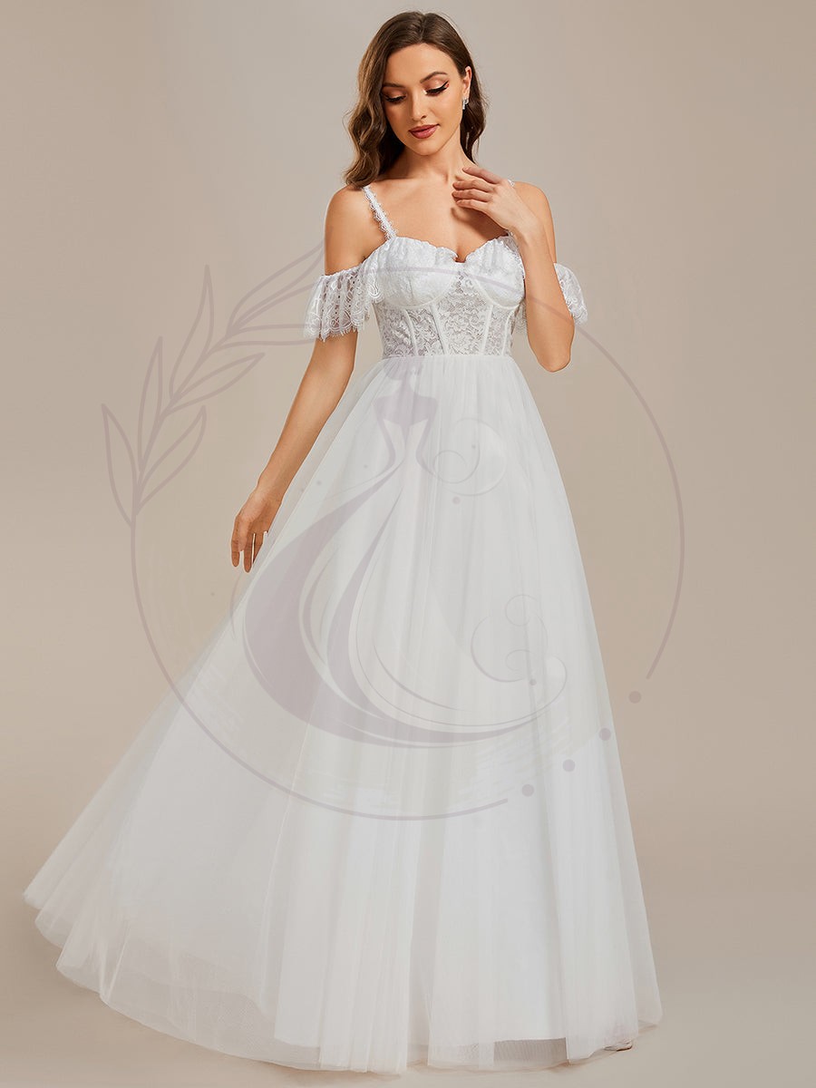Robe de mariée romantique en dentelle transparente avec corsage et bretelles spaghetti à manches courtes en tulle – Image 4