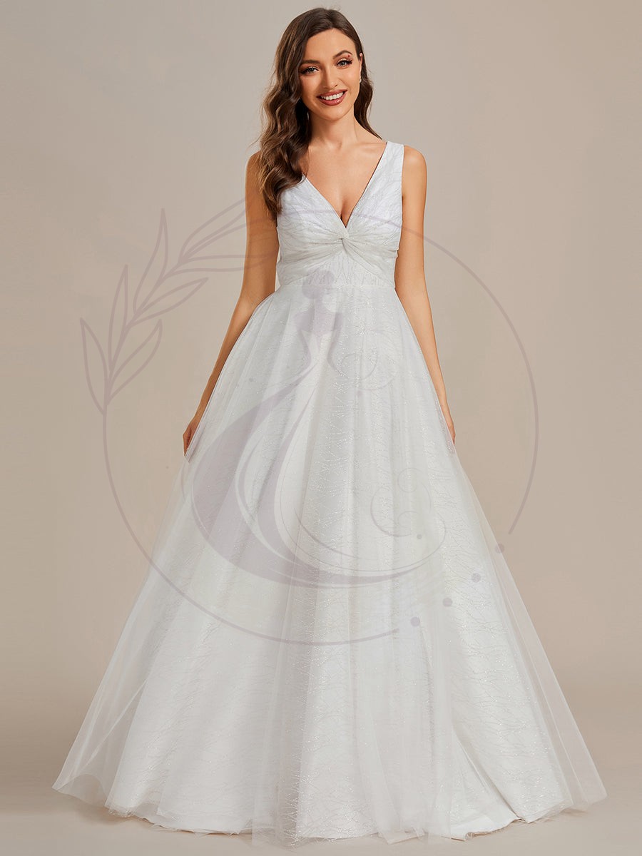 Robe de mariée trapèze classique en tulle plissé pailleté à double col en V avec – Image 4