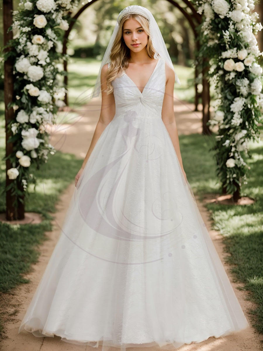 Robe de mariée trapèze classique en tulle plissé pailleté à double col en V avec – Image 2