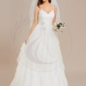 Robe de mariée en tulle scintillante à col en V et bretelles spaghetti