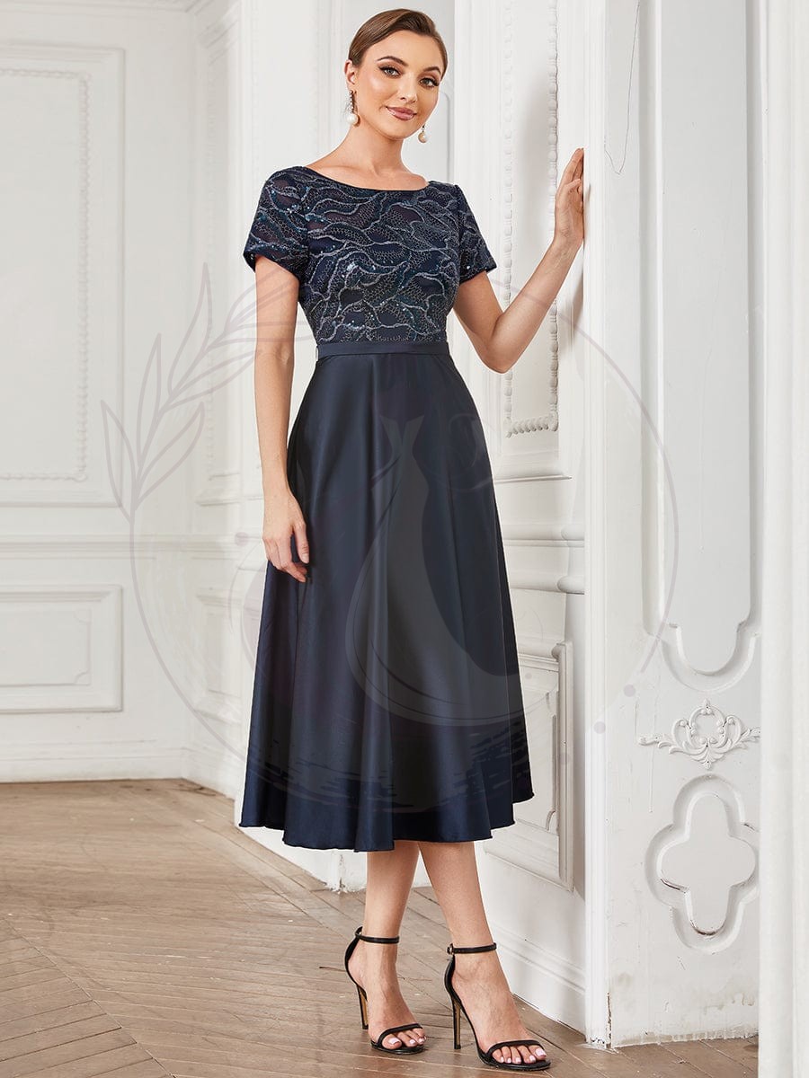 Robe mère de la mariée mi-longue en dentelle à sequins et manches courtes – Image 2
