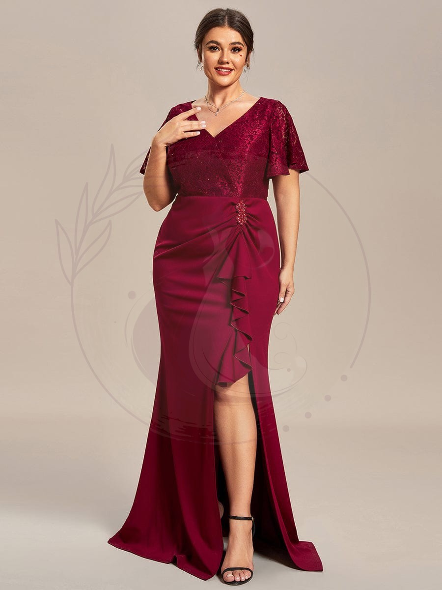 Robe Mère de Mariée Moulante en Dentelle avec Ourlet Feuille de Lotus de Grande Taille – Image 3