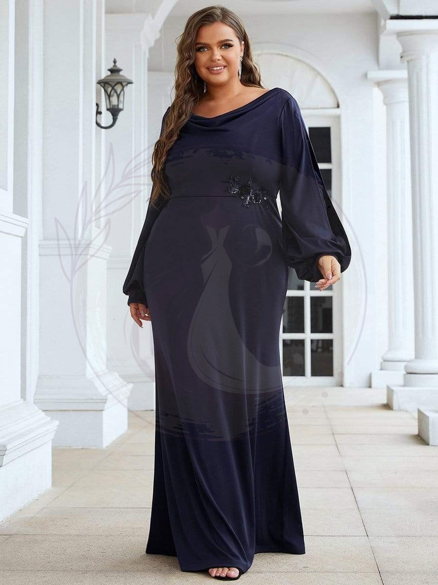 Robe de mère de mariée en tricot à manches lanterne et col bénitier de grande taille
