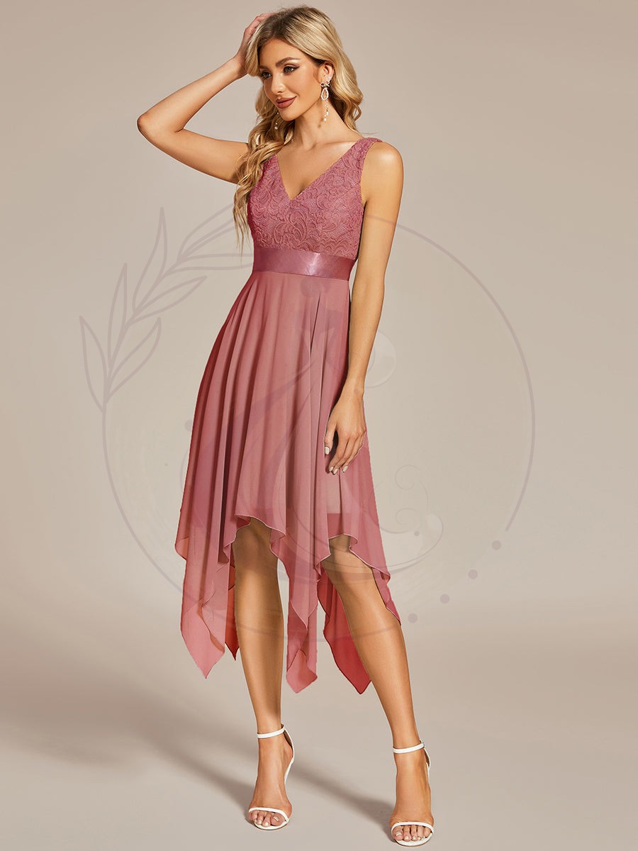 Robe demoiselle d’honneur irrégulière dentelle mousseline Col en V pour femme – Image 4
