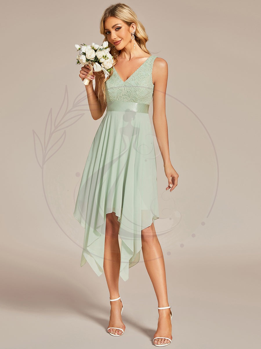 Robe demoiselle d’honneur irrégulière dentelle mousseline Col en V pour femme