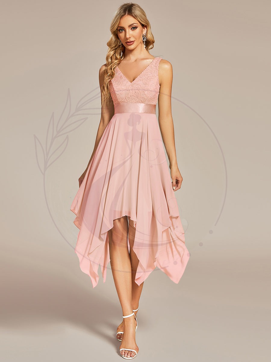 Robe demoiselle d’honneur irrégulière dentelle mousseline Col en V pour femme – Image 3