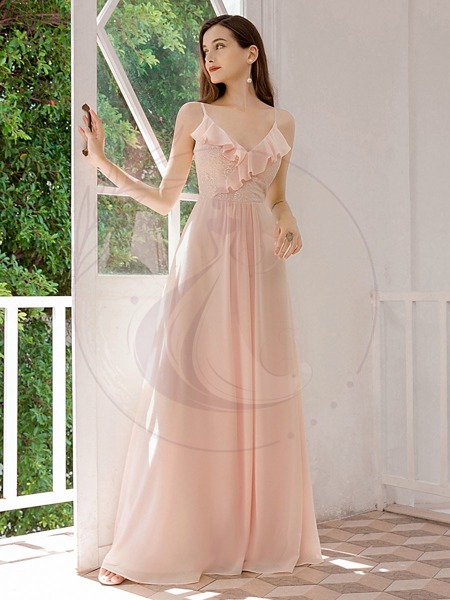 Robe Demoiselle d’Honneur Bretelles Spaghetti en Mousseline