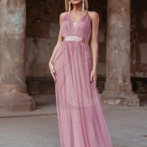 Robe de Soirée Trapèze avec Col en V Profond et Dos Nu en Tulle