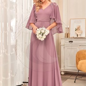 Robe de Demoiselle d’Honneur élégante en Mousseline à Col en V