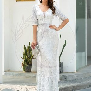 Robes de Bal Sirène à Col en V à Frange et Paillettes avec Demi-Manches