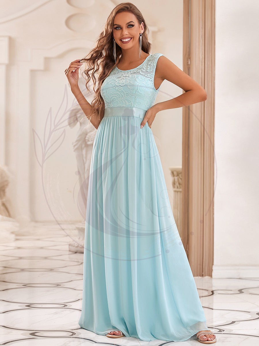 Robe de demoiselle d’honneur classique à col rond et dos en dentelle – Image 7