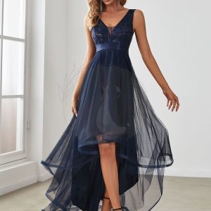 Robe de Cocktail en Tulle à Paillettes Haut Bas Ourlet Asymétrique